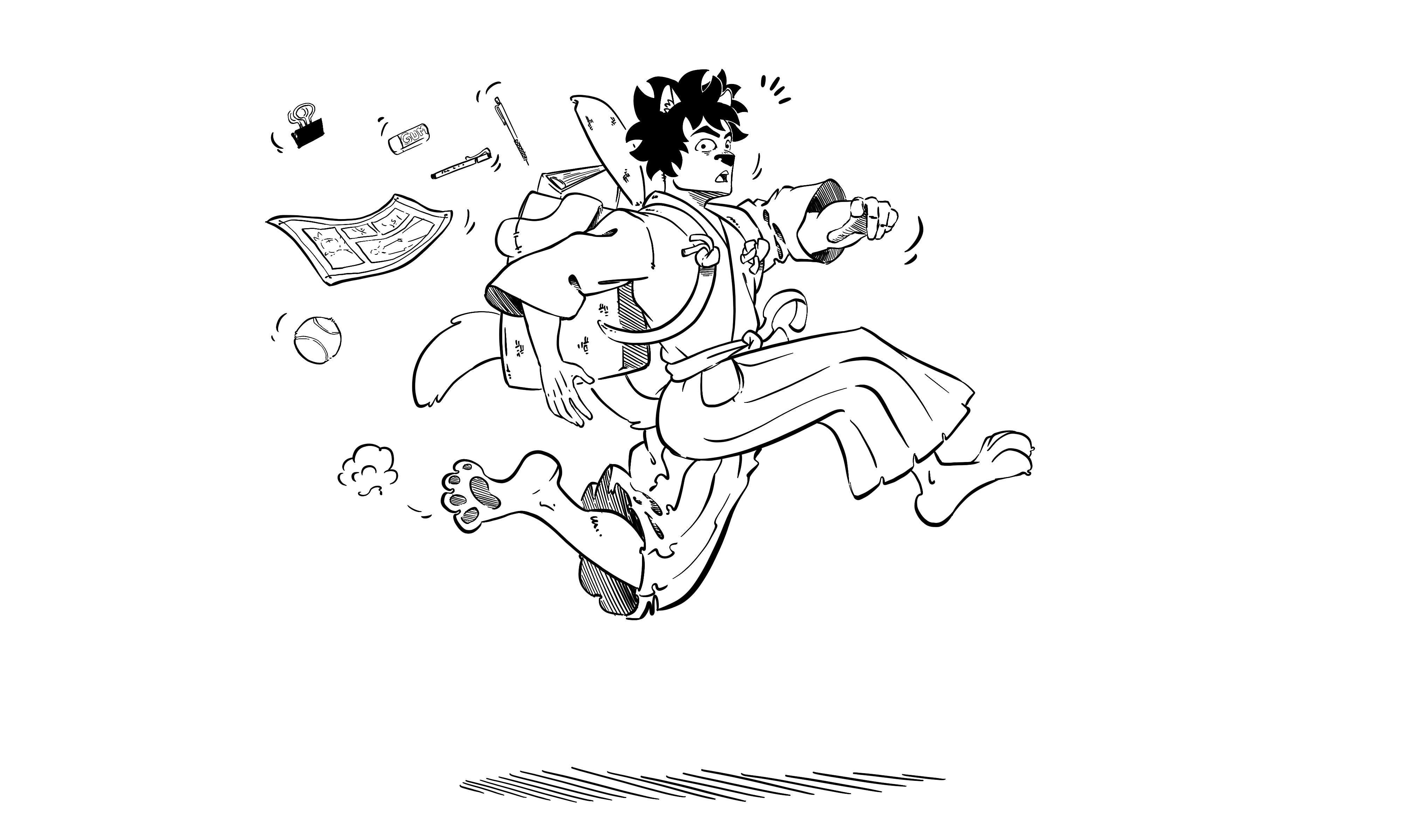 L'auteur en version Shamouraï qui court vers l'aventure équipé de son sac à dos rempli de matériels de dessin