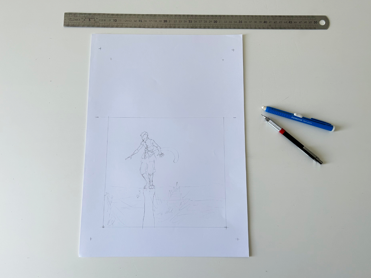 Une photo d'une planche en recherche pour les tomes avenirs.