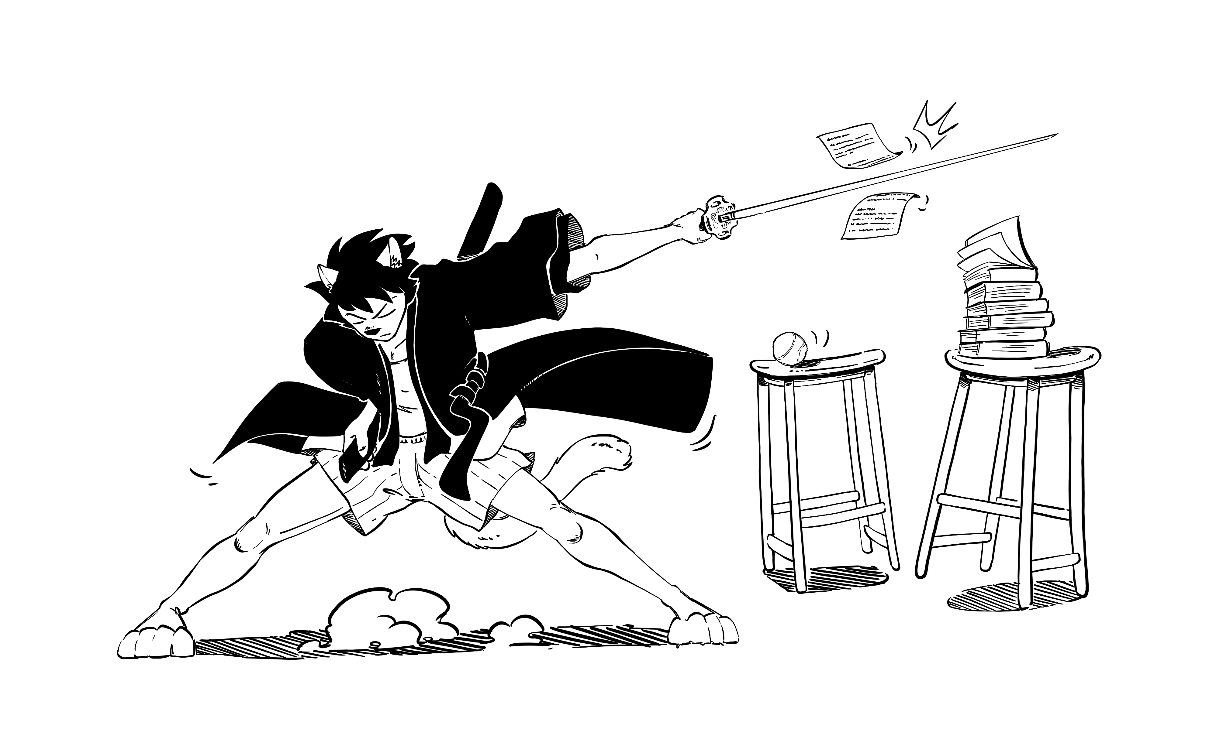 L'auteur en version Shamouraï qui découpe un texte à l'aide d'un katana.