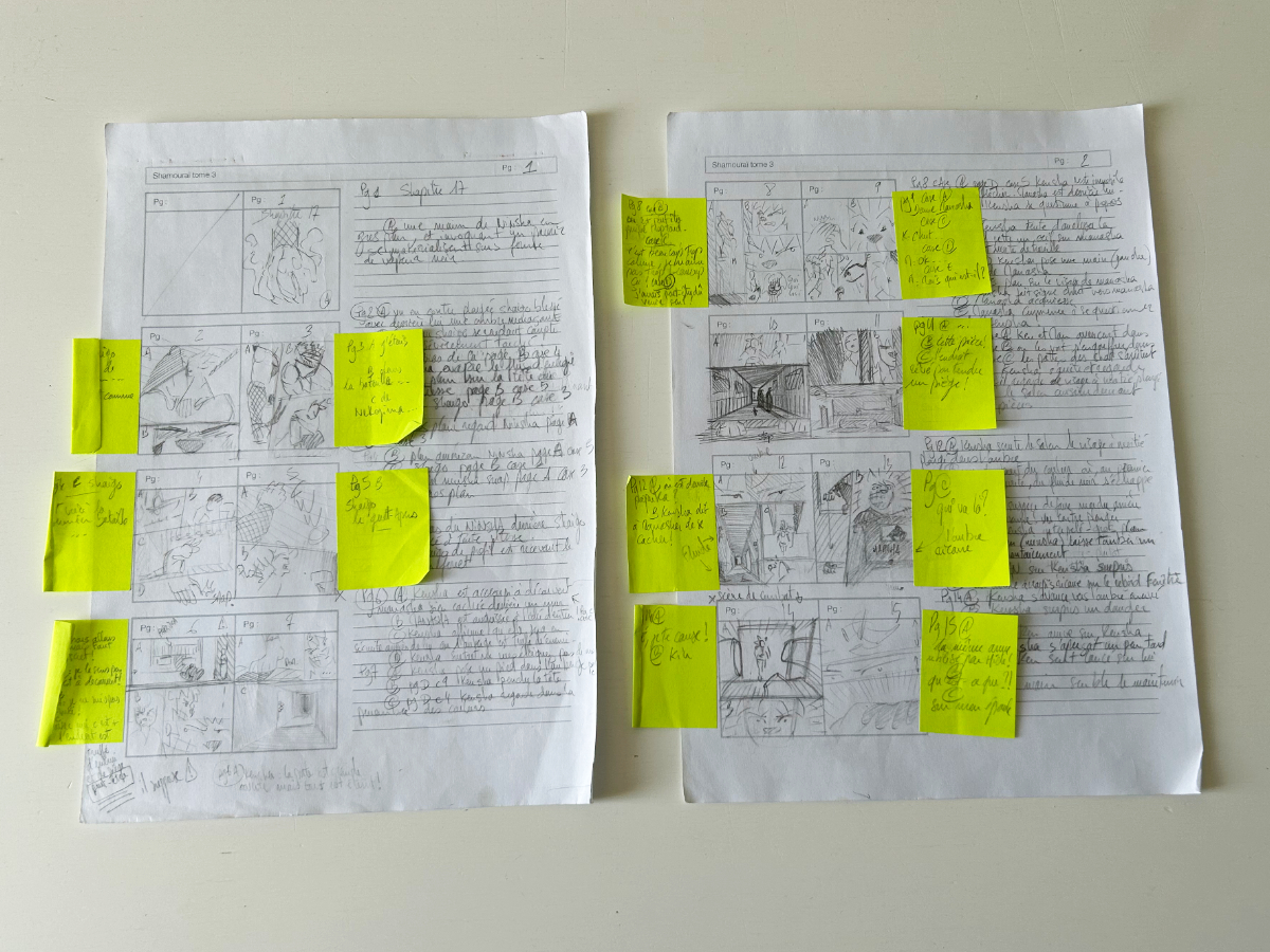 Une photo d'une des pages du story-board du tome 3.