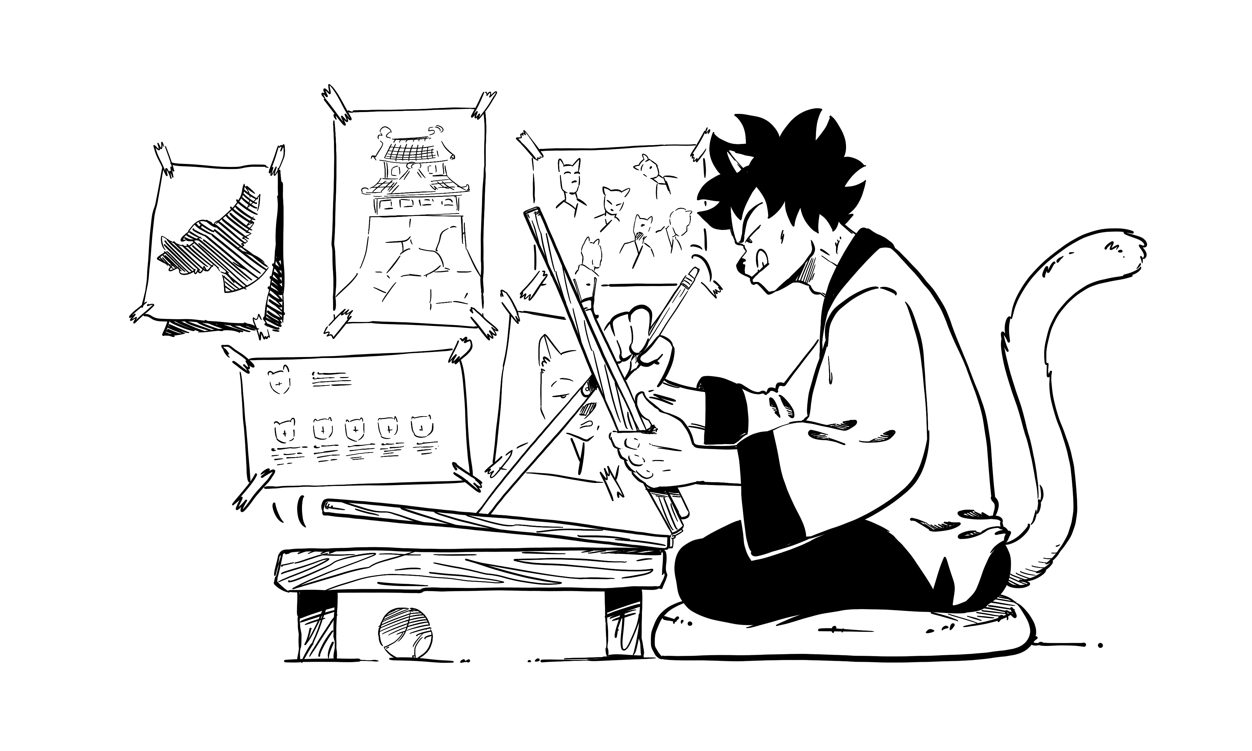L'auteur en version Shamouraï qui dessine une planche.