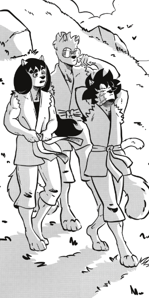 Zatoisha, Shaigo et Kensha qui descende les versant d'une montagne étonné de ne pas avoir trouvé Hideyosha.