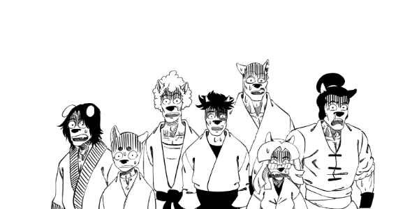 Miaousuke, Miaoutojite, Shadjireta, Shaaza, Miaoukiru, Sasha et Watsha, les 7 Shamouraï leader du clan Kiyoshara en train d'haluciné sur Kensha qui lance son plat sur les invités.