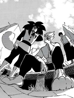 Kensha, Shaigo et Zatoisha attendent dans les ruines d'une rue de Shakiyo